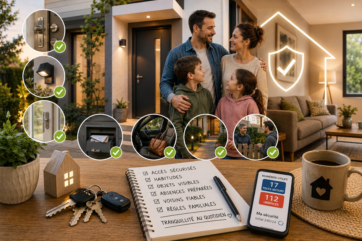 Protéger son domicile sans tomber dans l’excès Domicile protégé sans excès avec entrée éclairée, clés rangées, lampe, carnet et famille calme en arrière-plan.