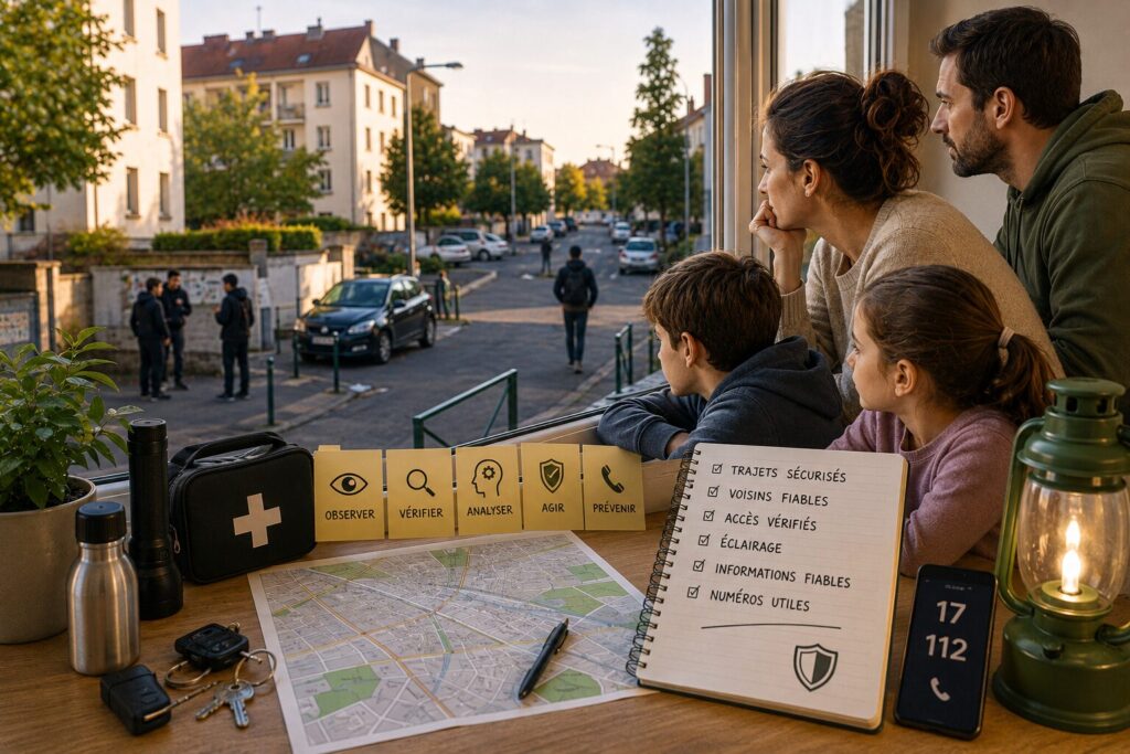 Quand l’ambiance change dans votre quartier : comment réagir intelligemment Famille observant calmement son quartier avec carnet, lampe, clés et plan local pour réagir intelligemment à une ambiance tendue.