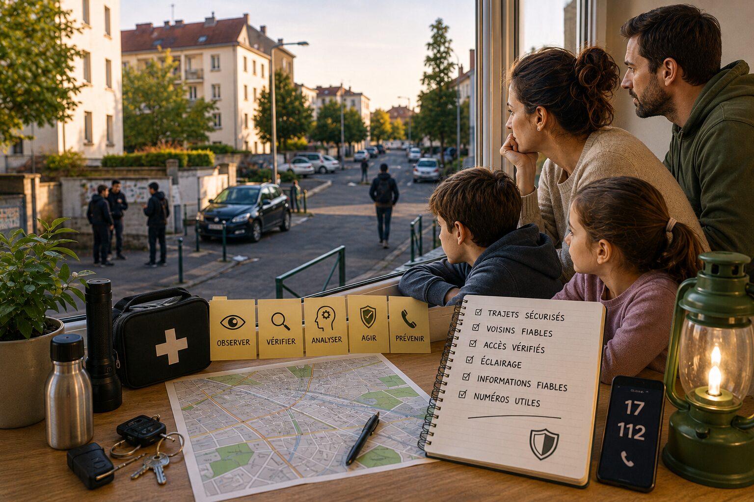 Famille observant calmement son quartier avec carnet, lampe, clés et plan local pour réagir intelligemment à une ambiance tendue.