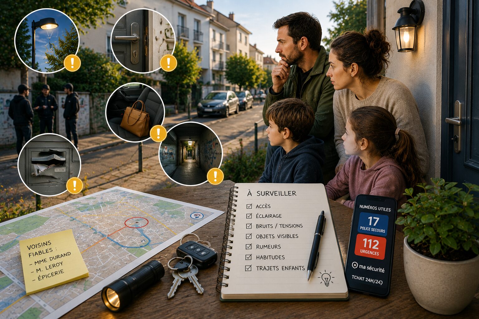 Famille observant les petits signes d’insécurité du quotidien avec porte, éclairage, clés, carnet et téléphone prêts.