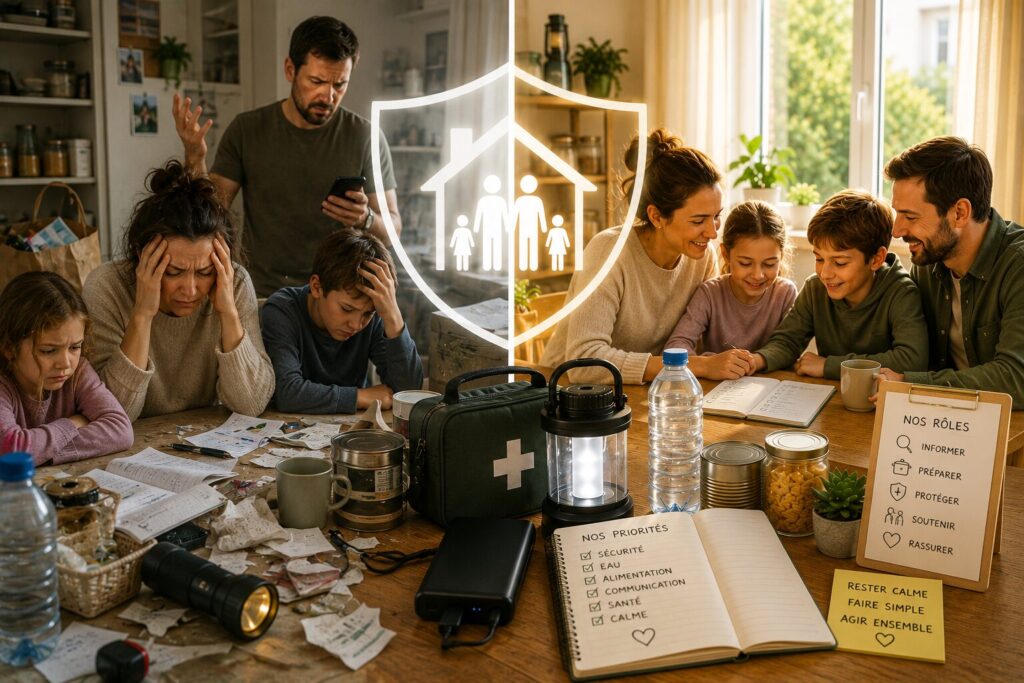 Famille organisant calmement son foyer en situation tendue avec lampe, eau, trousse de soins et fiche de priorités.