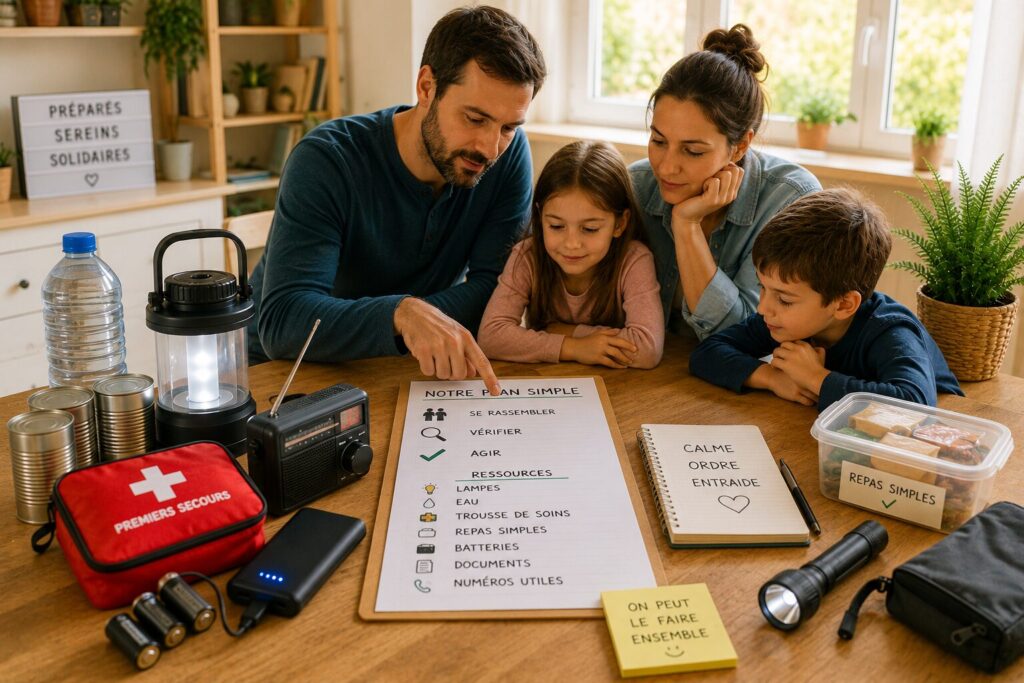 Mettre en place un plan simple sans créer de stress dans le foyer Famille préparant un plan simple à la maison avec lampe, eau, trousse de soins et fiche d’actions utiles.