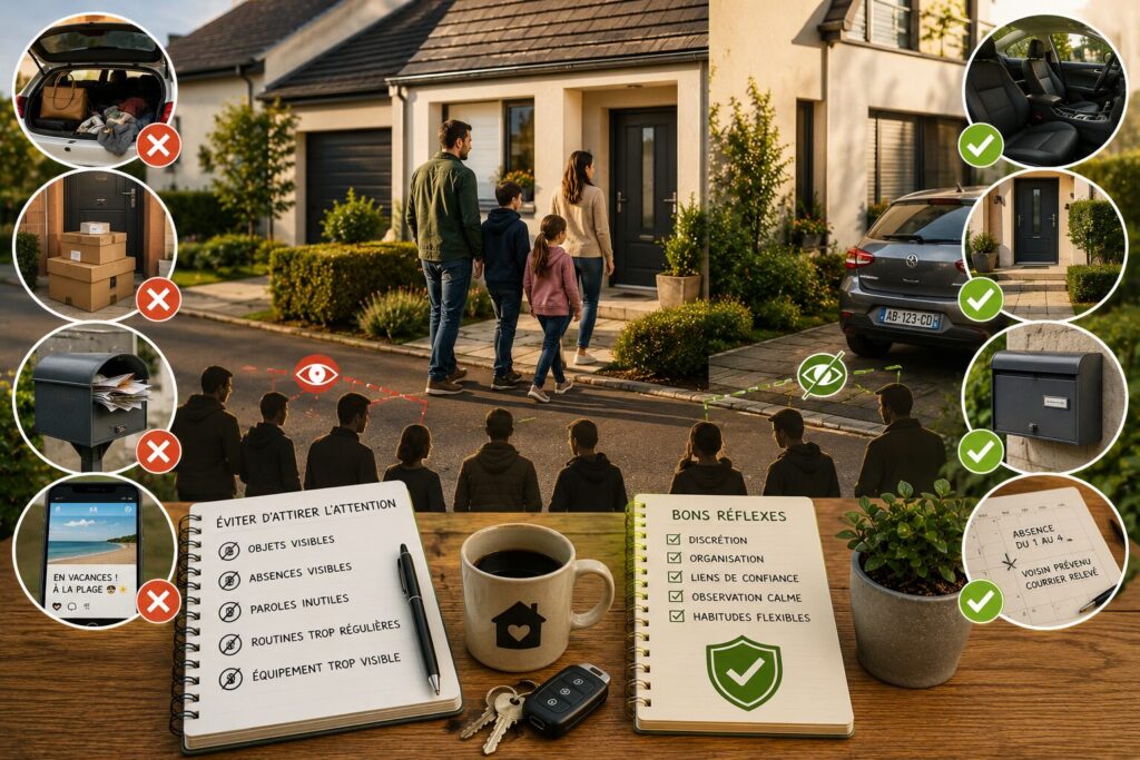 Les erreurs qui attirent l’attention en période instable Foyer discret et protégé en période instable avec entrée rangée, voiture sans objets visibles, clés et carnet d’organisation.