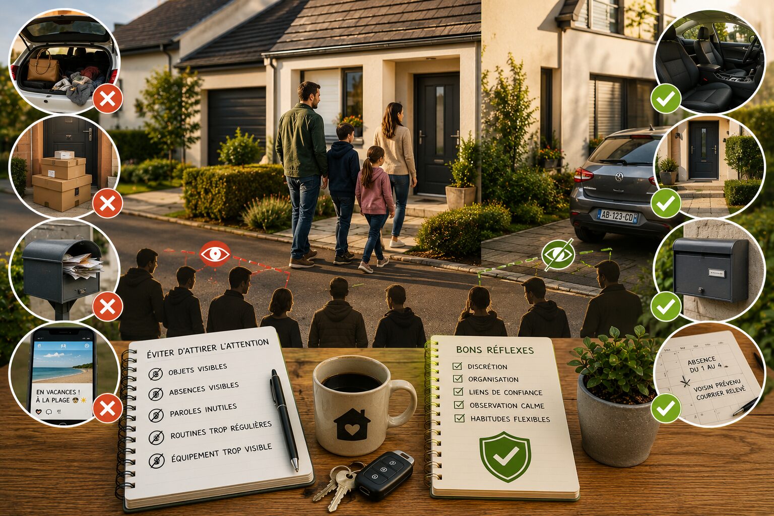 Les erreurs qui attirent l’attention en période instable Foyer discret et protégé en période instable avec entrée rangée, voiture sans objets visibles, clés et carnet d’organisation.