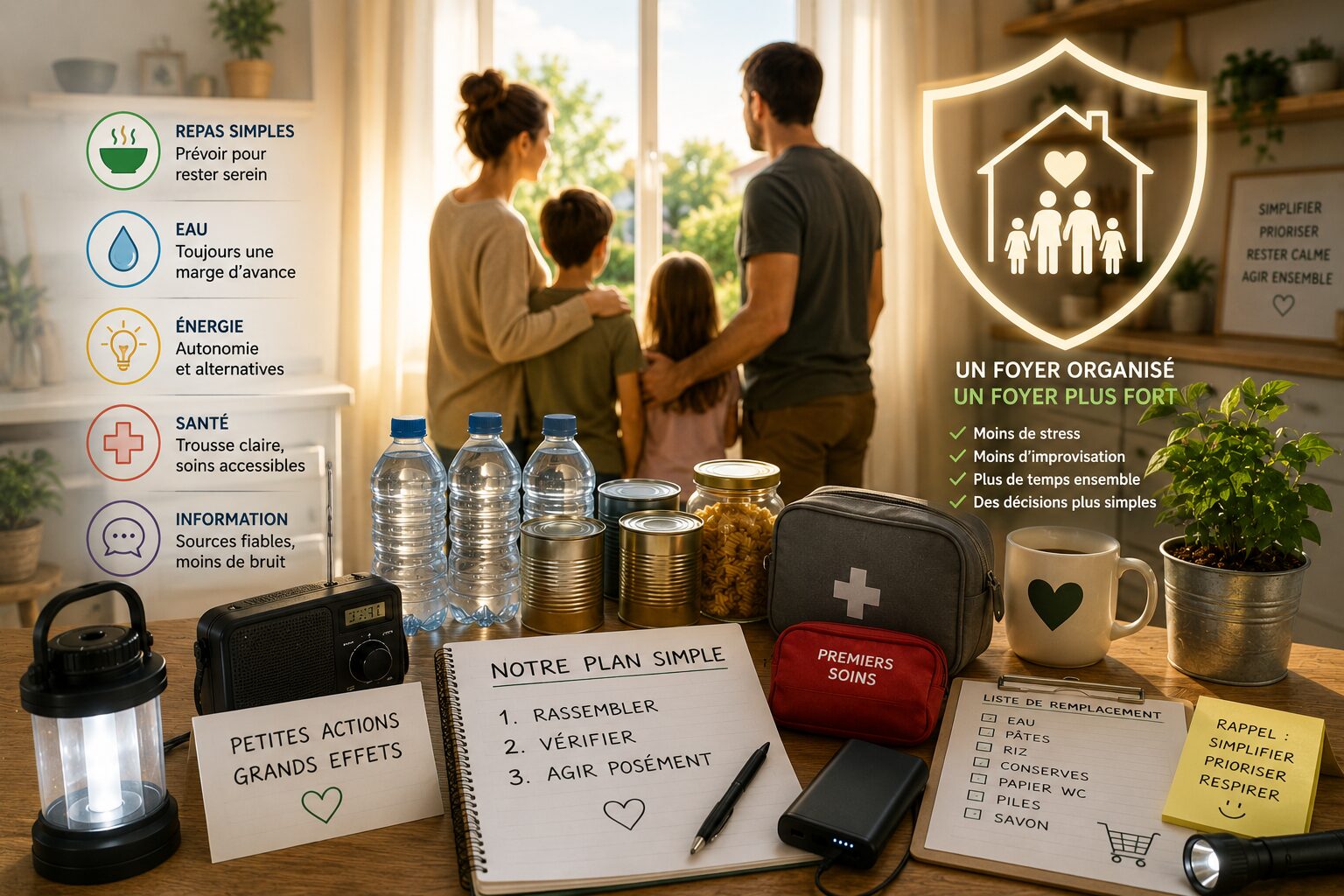Foyer gardant une organisation stable avec repas simples, lampe, eau, trousse de soins et liste de priorités.