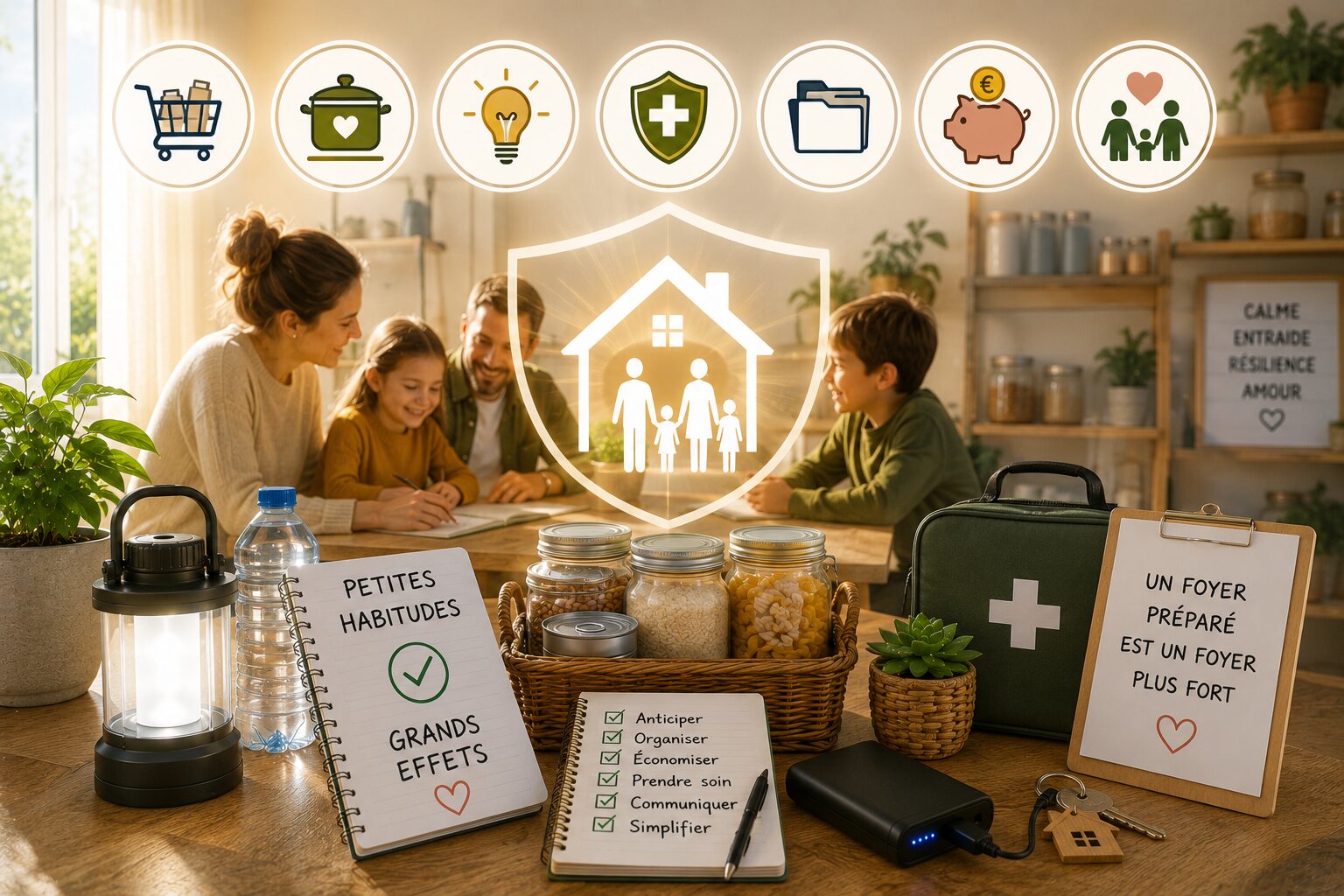 Foyer renforcé par de petites habitudes quotidiennes avec repas simples, lampe, eau, trousse de soins et carnet d’organisation.