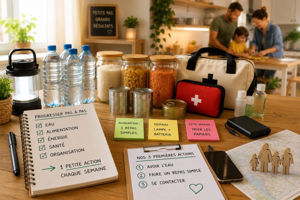 Foyer améliorant son autonomie par petites étapes avec eau, lampe, repas simples, trousse de soins et carnet d’organisation.