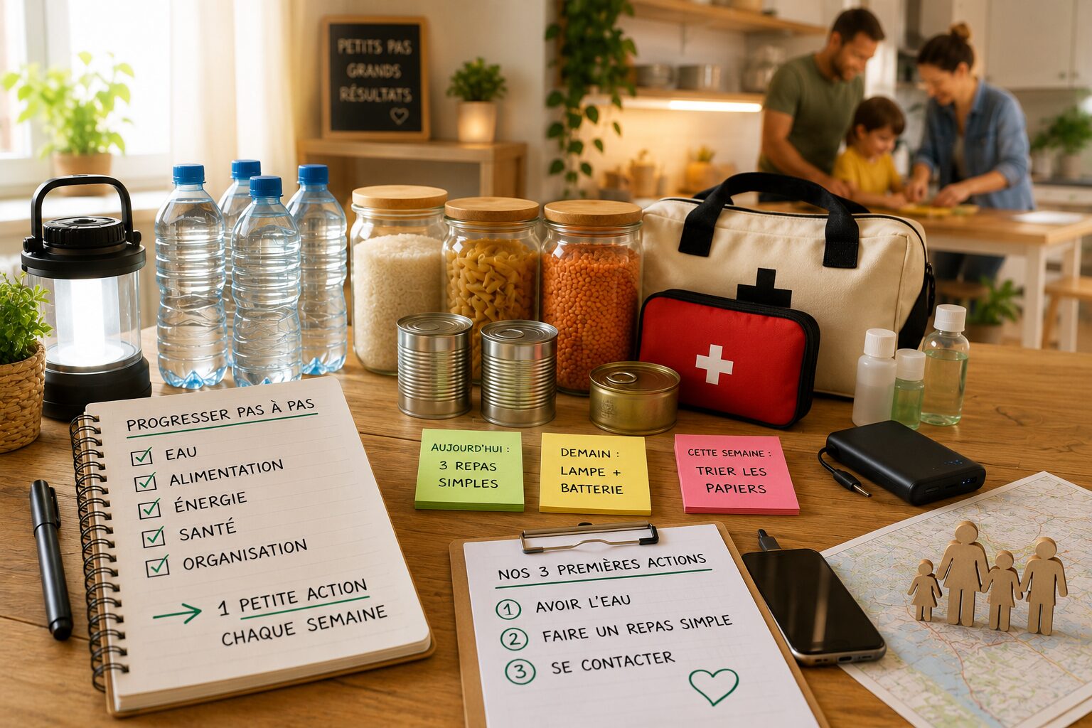 Foyer améliorant son autonomie par petites étapes avec eau, lampe, repas simples, trousse de soins et carnet d’organisation.