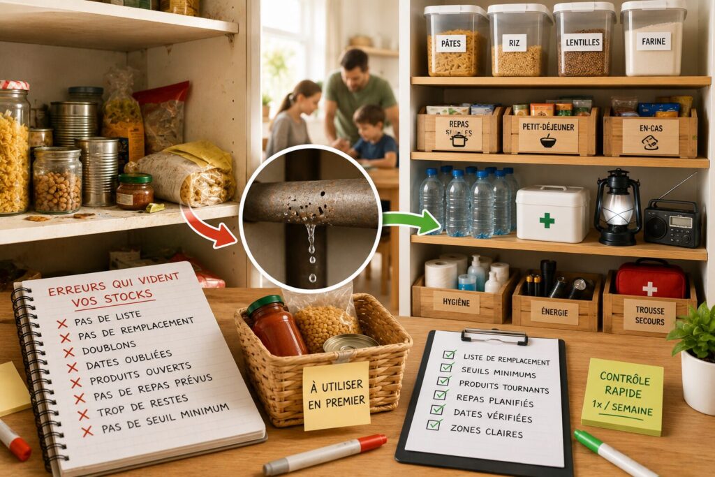 Les erreurs simples qui vident vos stocks sans que vous le voyiez Placard de réserves organisé avec zone à finir, liste de remplacement, eau, conserves, lampe et produits essentiels.