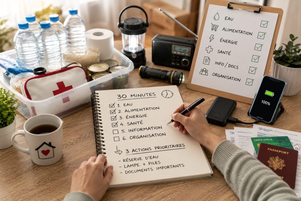 Faire le point sur sa situation en 30 minutes : méthode simple et concrète Personne faisant le point sur sa situation à la maison avec eau, lampe, trousse de secours, carnet et documents.