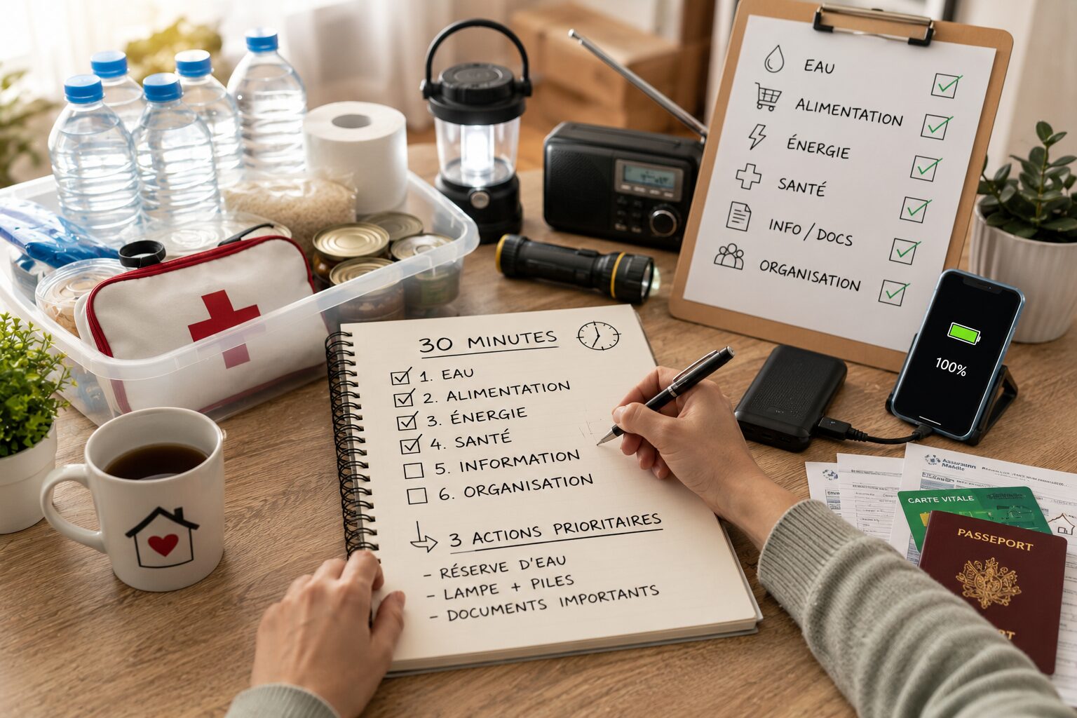 Personne faisant le point sur sa situation à la maison avec eau, lampe, trousse de secours, carnet et documents.