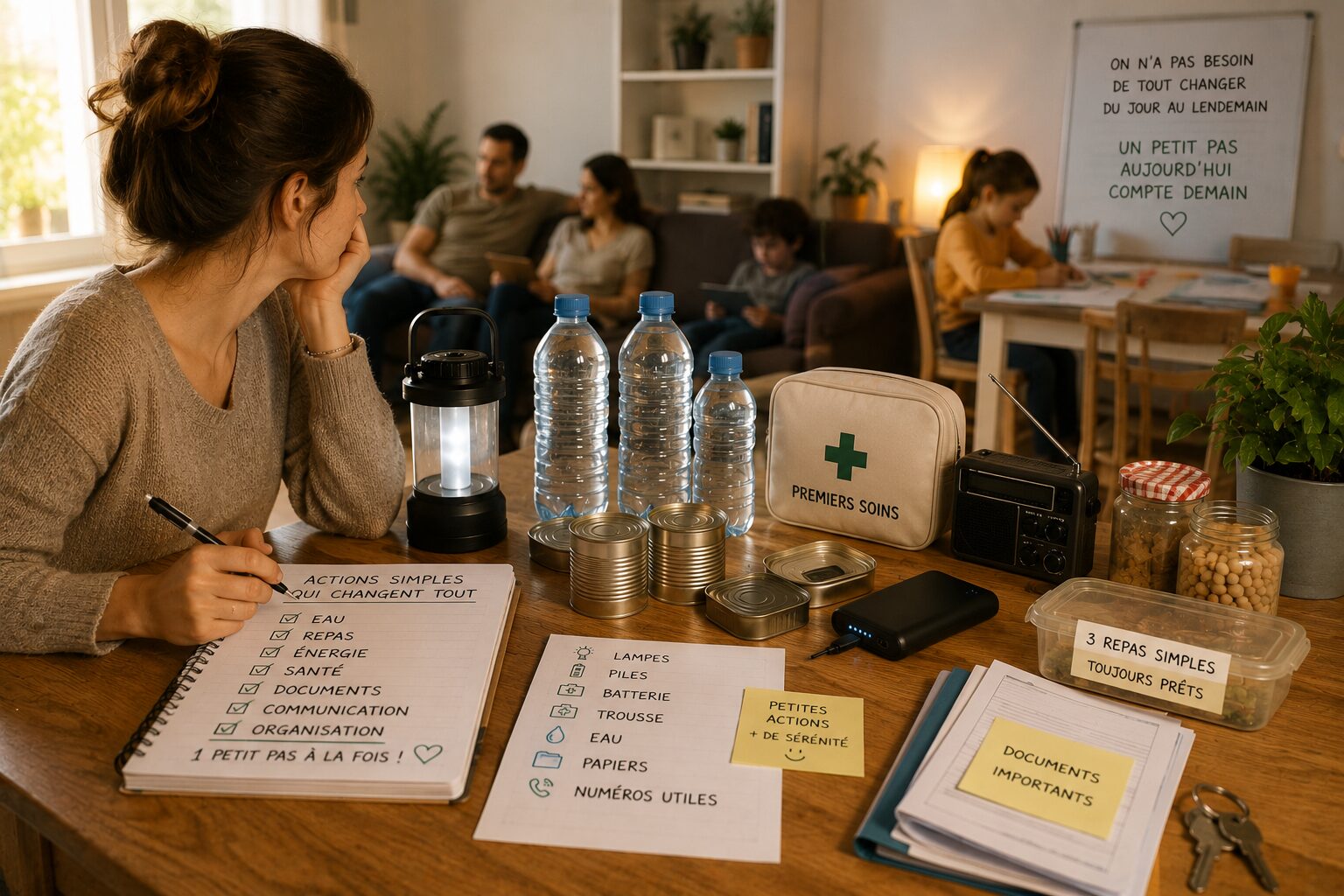 Personne organisant seule les premières mesures de préparation familiale avec lampe, eau, trousse de soins et carnet.