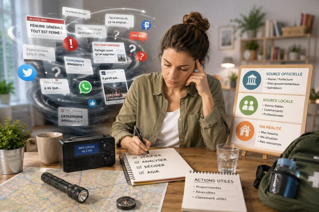 Quand les informations se contredisent : comment garder un cap clair Personne triant des informations contradictoires à la maison pour garder un cap clair en situation instable.