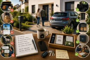 Foyer discret en situation dégradée avec entrée rangée, voiture sans objets visibles, clés protégées et famille calme.