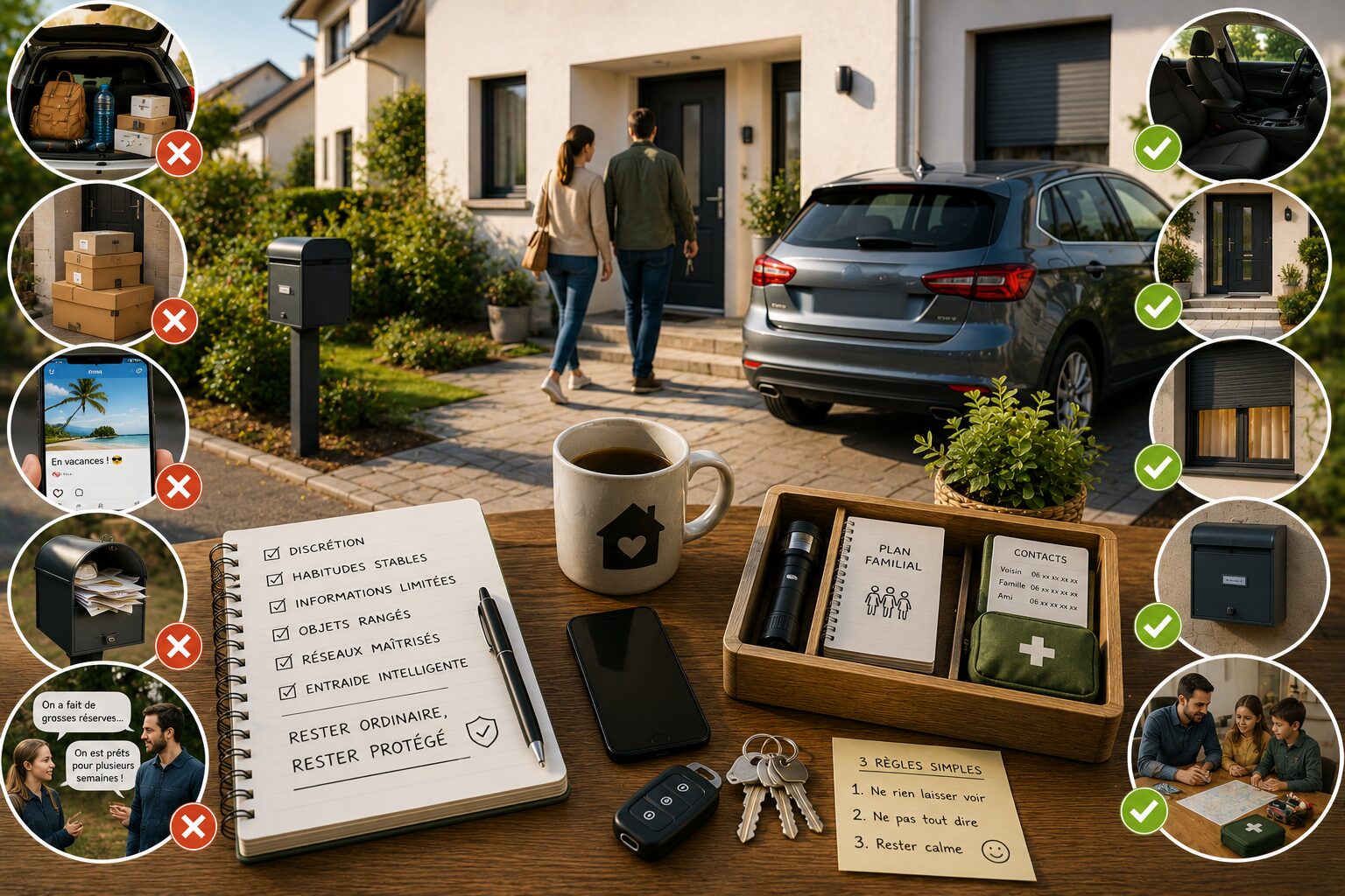 Foyer discret en situation dégradée avec entrée rangée, voiture sans objets visibles, clés protégées et famille calme.