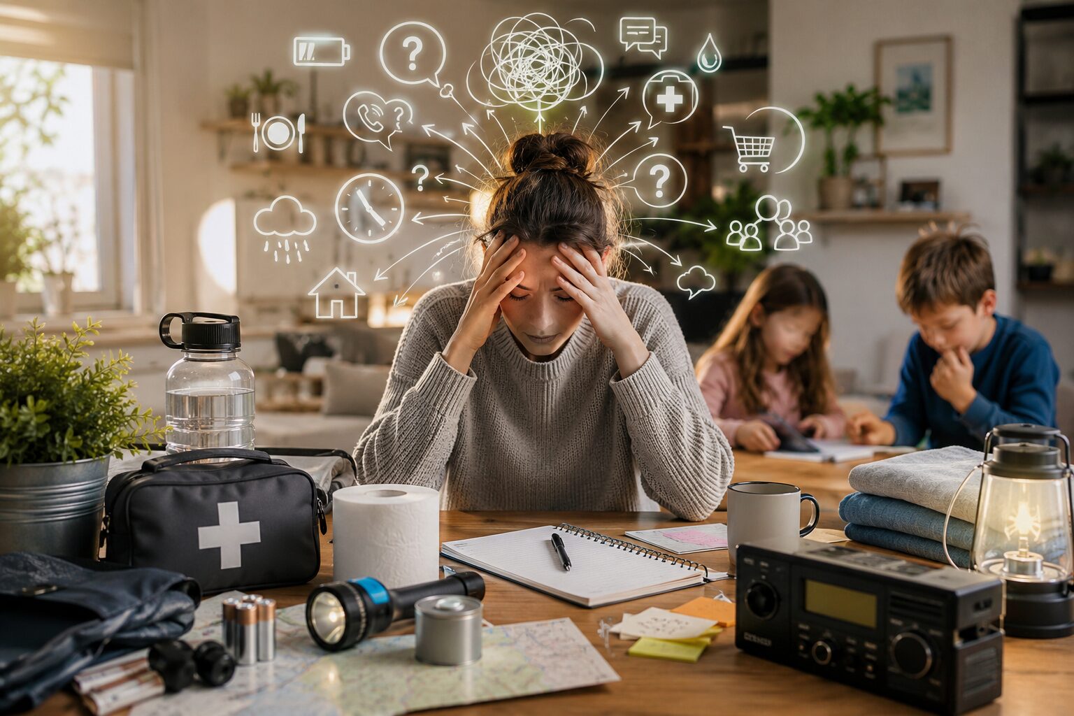 personne fatiguée mentalement pendant une crise du quotidien avec carnet, lampe et organisation simple.