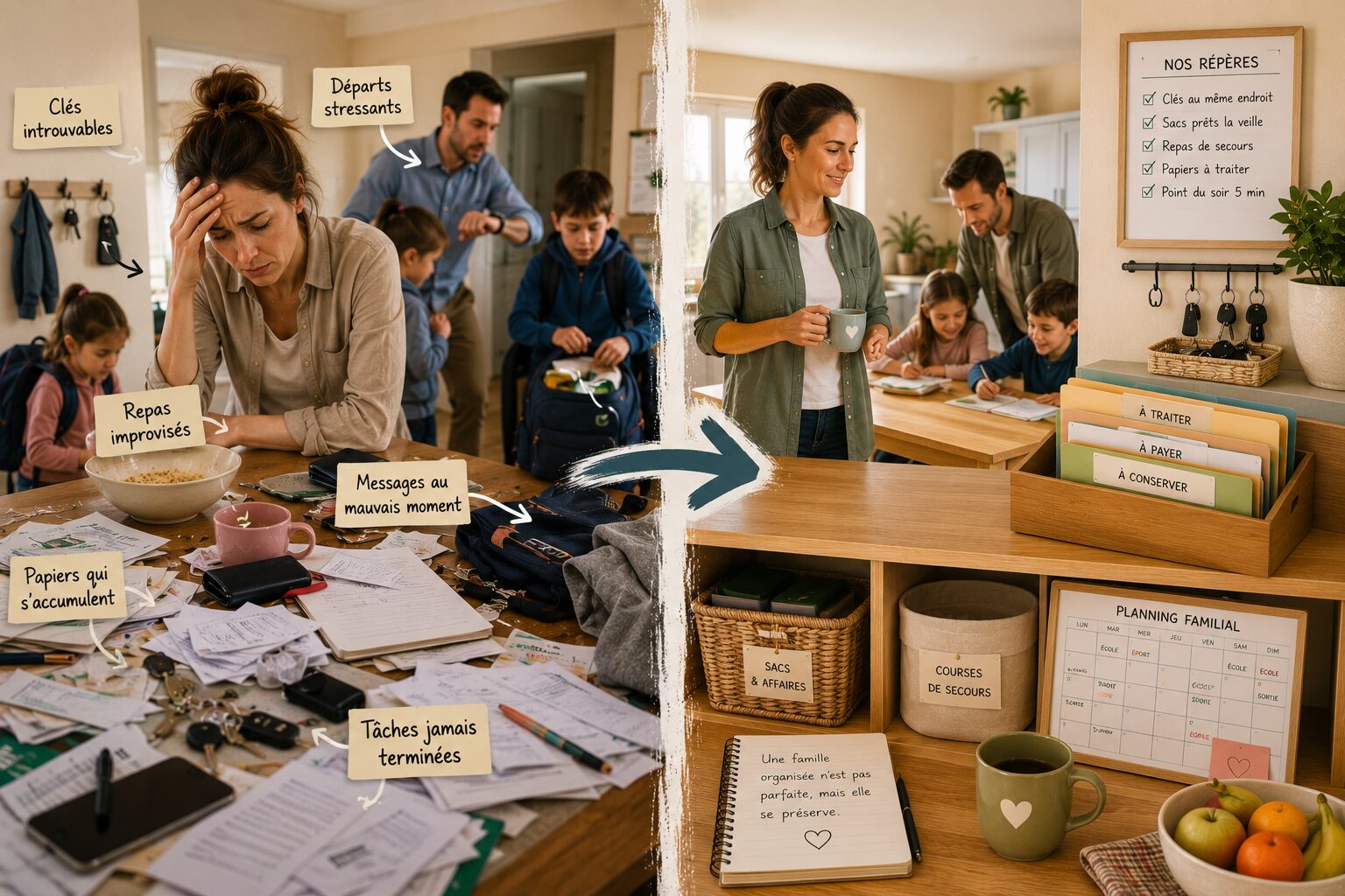 petites désorganisations familiales avec papiers, clés et repas improvisé qui épuisent le foyer au quotidien.