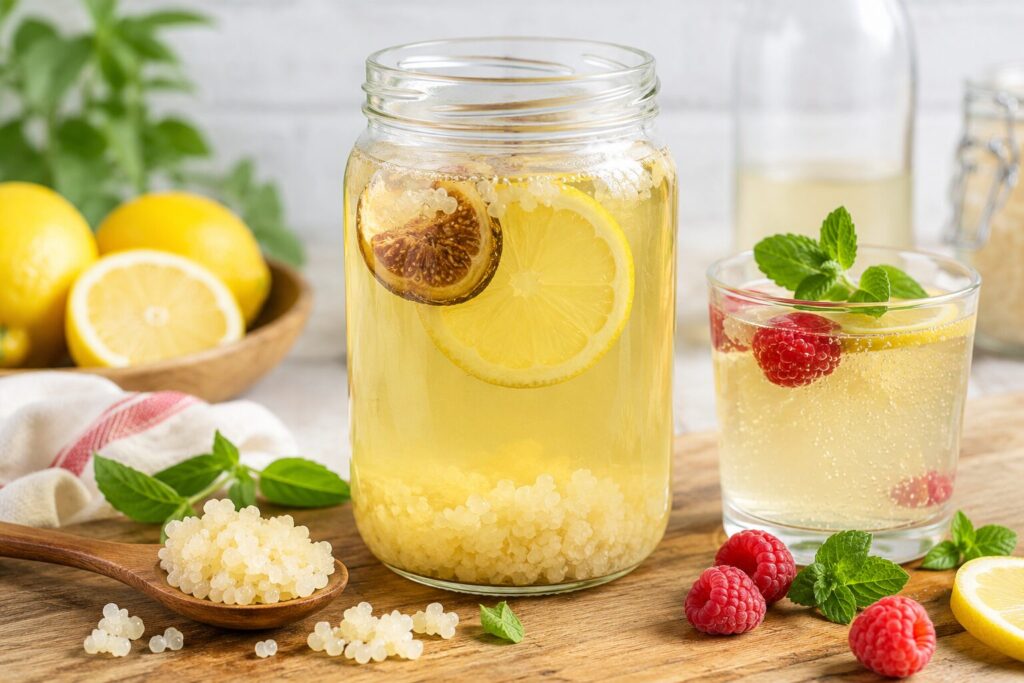 Bocal de kéfir de fruits en fermentation avec citron, framboises et menthe fraîche à côté d’un verre naturellement pétillant