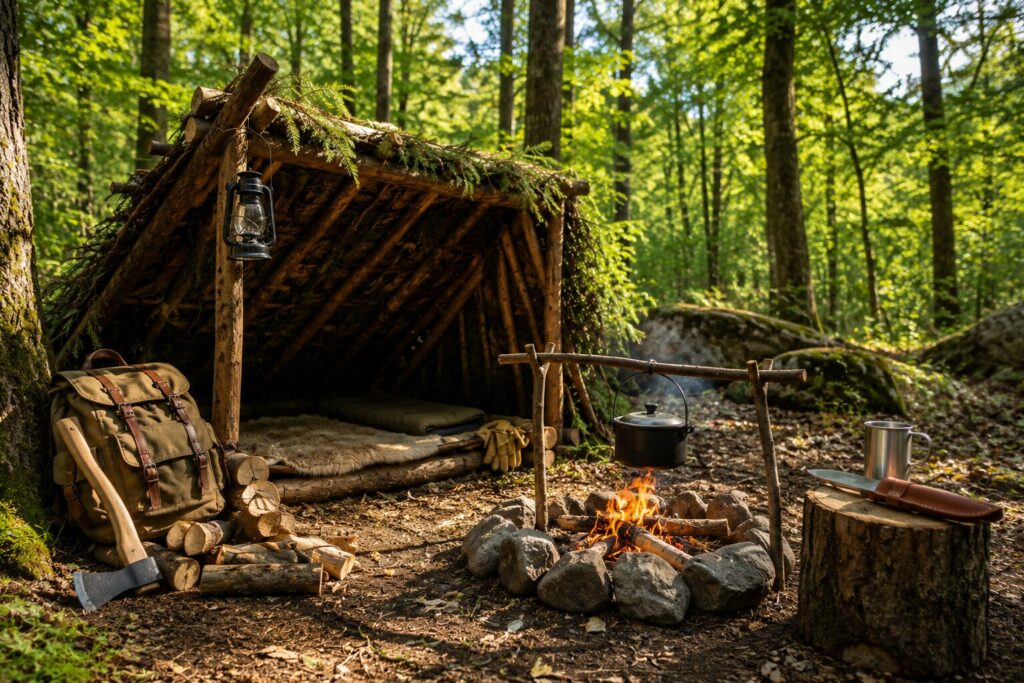 Survie & terrain Abri de fortune installé en forêt avec feu maîtrisé et équipement de bushcraft pour se protéger des éléments naturels