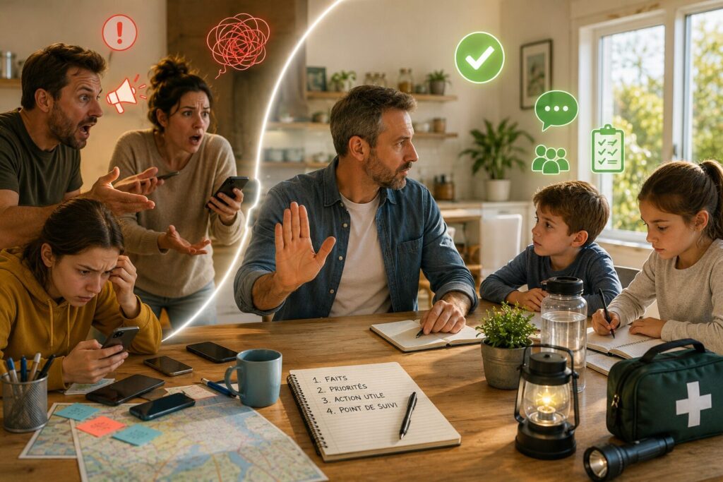 personne qui évite les premiers réflexes aggravants dans une situation tendue en clarifiant calmement les faits.