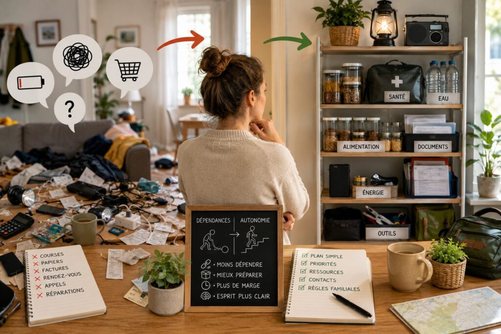 Ce qui vous rend réellement plus autonome au quotidien (et ce qui ne change presque rien) autonomie quotidienne avec lampe, eau, documents et repas simple pour réduire les dépendances du foyer.