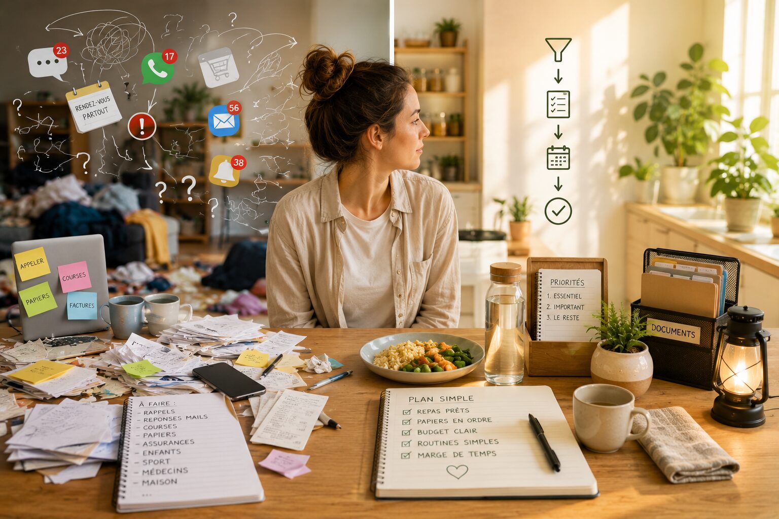 Comment éviter qu’un petit problème désorganise toute une journée simplicité quotidienne avec organisation claire, documents rangés et objets essentiels pour retrouver de la marge.