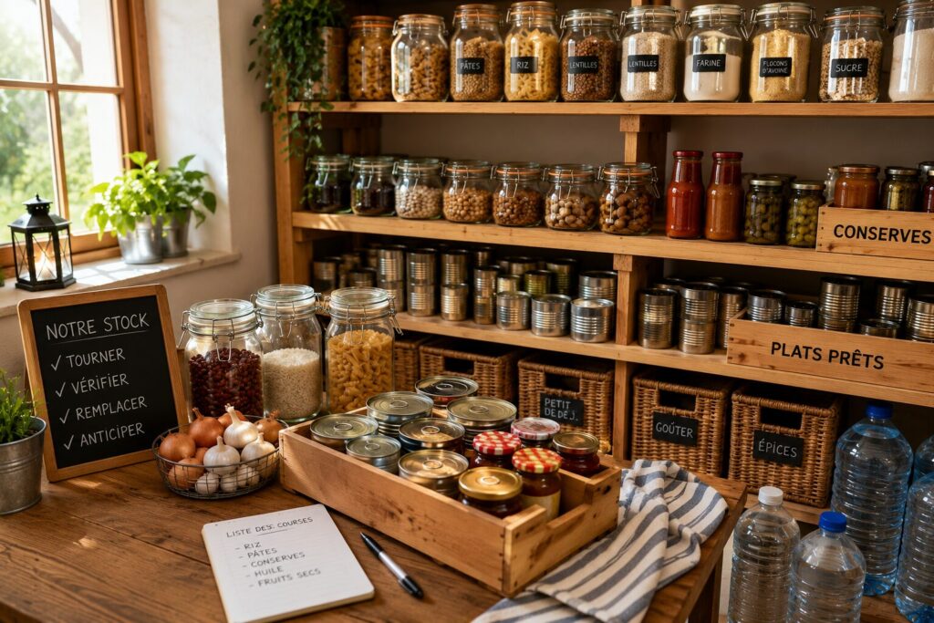 Autonomie & préparation Réserve alimentaire familiale organisée avec conserves, bocaux et aliments longue conservation pour renforcer l'autonomie du foyer