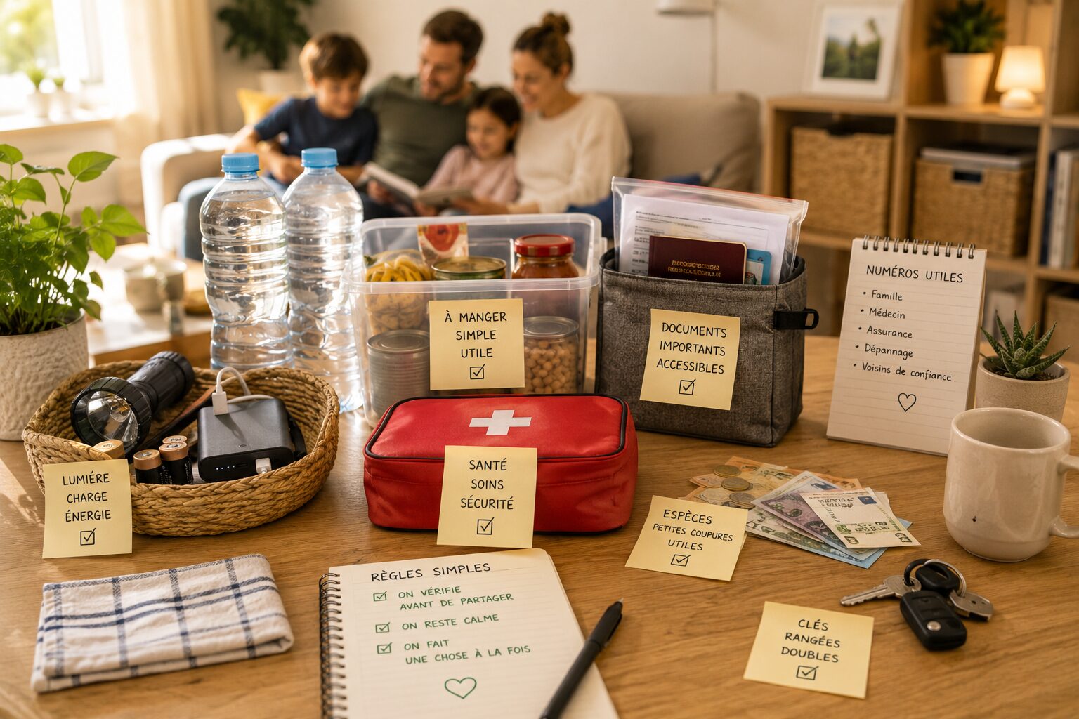 petites sécurités du quotidien avec lampe, eau, documents et batterie pour garder un foyer stable quand tout se complique.