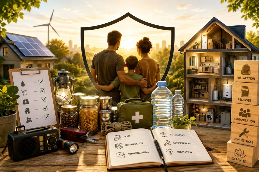 Autonomie & préparation Famille devant sa maison avec réserves alimentaires, eau stockée, matériel de secours et organisation du foyer pour renforcer l’autonomie et la préparation quotidienne