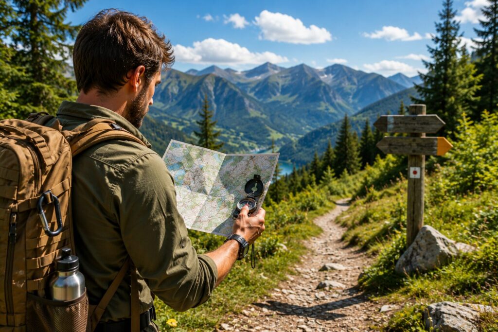 Survie & terrain Randonneur consultant une carte et une boussole sur un sentier forestier pour préparer son itinéraire en toute sécurité
