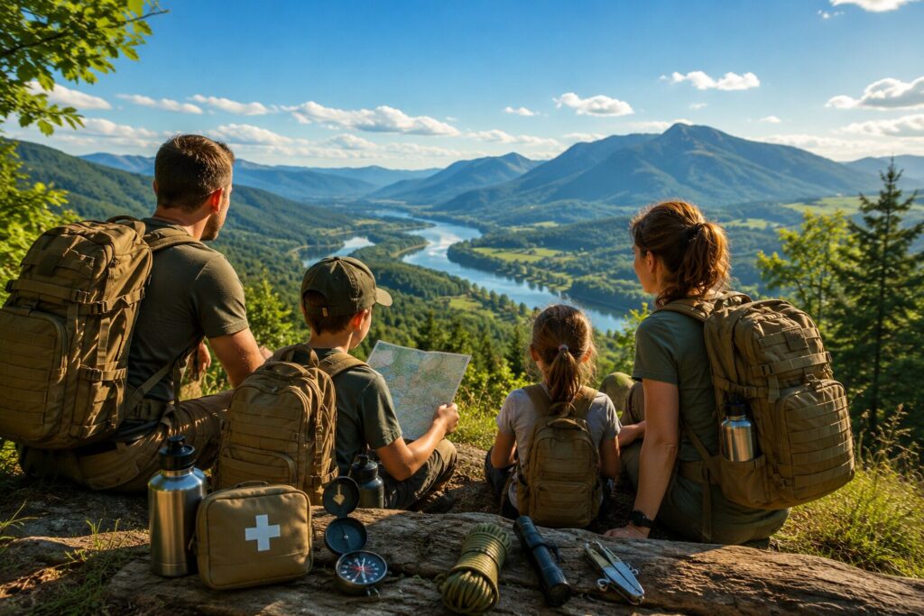 Survie & terrain Personne évoluant en milieu naturel avec sac à dos, carte et équipement essentiel de survie terrain pour conserver sa capacité d’action en environnement imprévisible