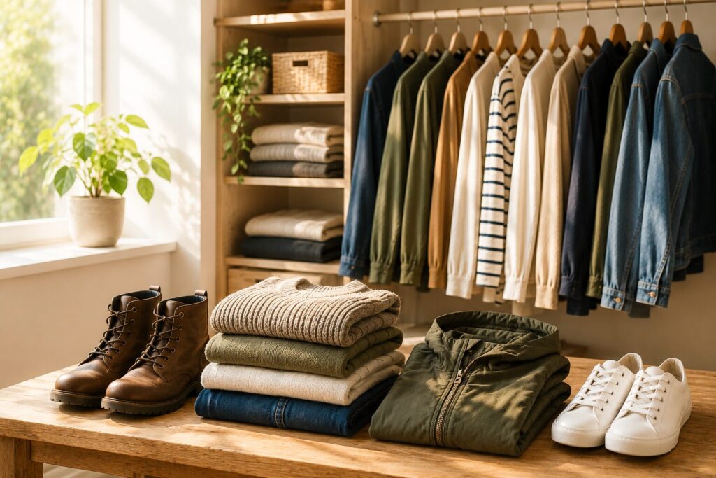 Pourquoi l'autonomie commence aussi dans votre garde-robe garde-robe familiale organisée avec vêtements durables, veste imperméable et chaussures solides pour renforcer l’autonomie du quotidien