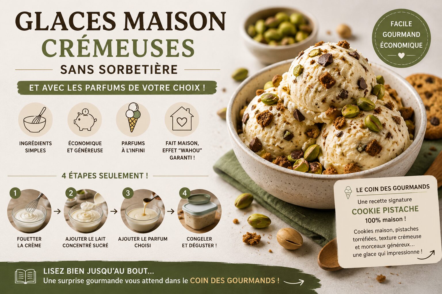 Glace maison crémeuse sans sorbetière avec morceaux de cookies et pistaches torréfiées servie dans un bol gourmand