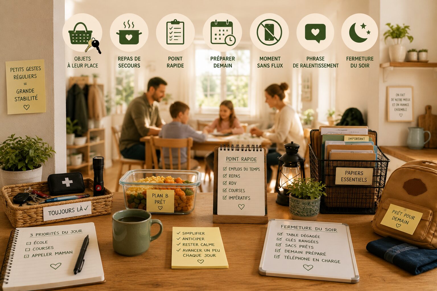 micro-habitudes du foyer avec objets rangés, repas simple et organisation légère pour plus de stabilité quotidienne.