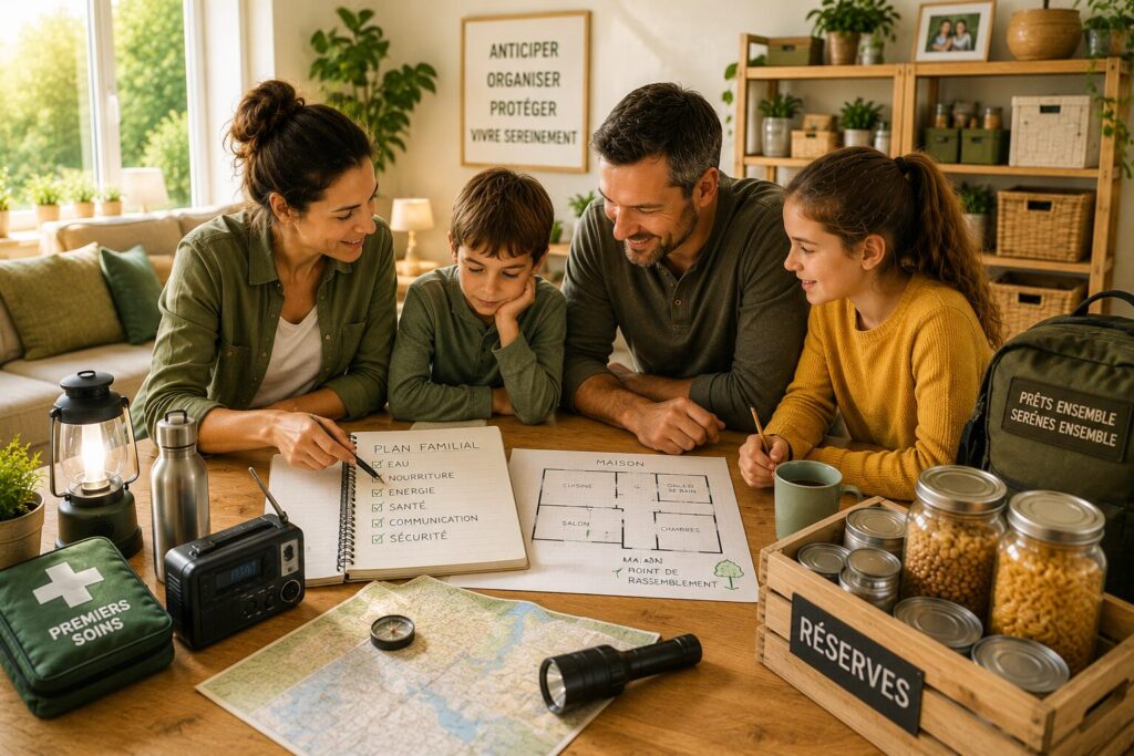 Préparation familiale d'un foyer organisé avec réserves alimentaires, matériel d'urgence et famille réunie