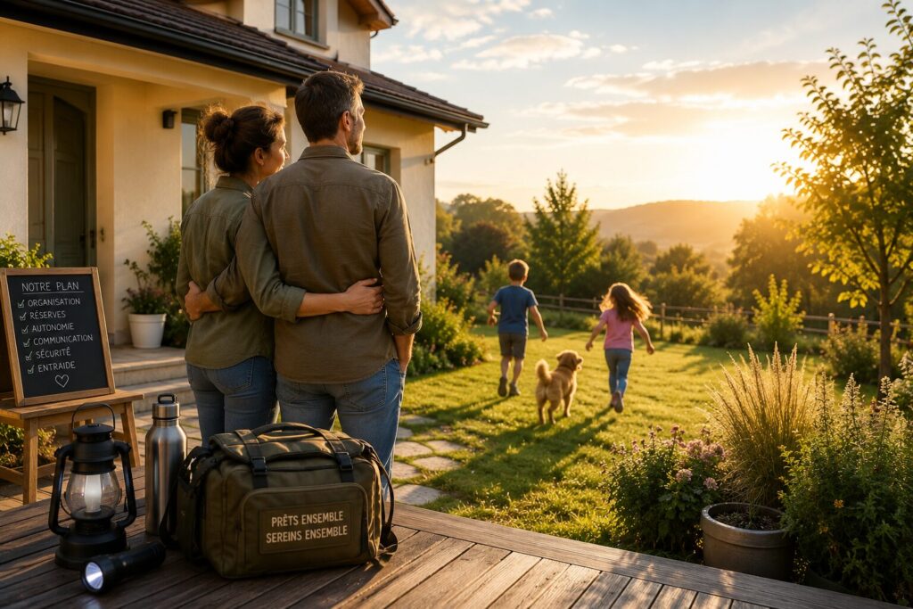 Une famille devant sa maison au lever du soleil.