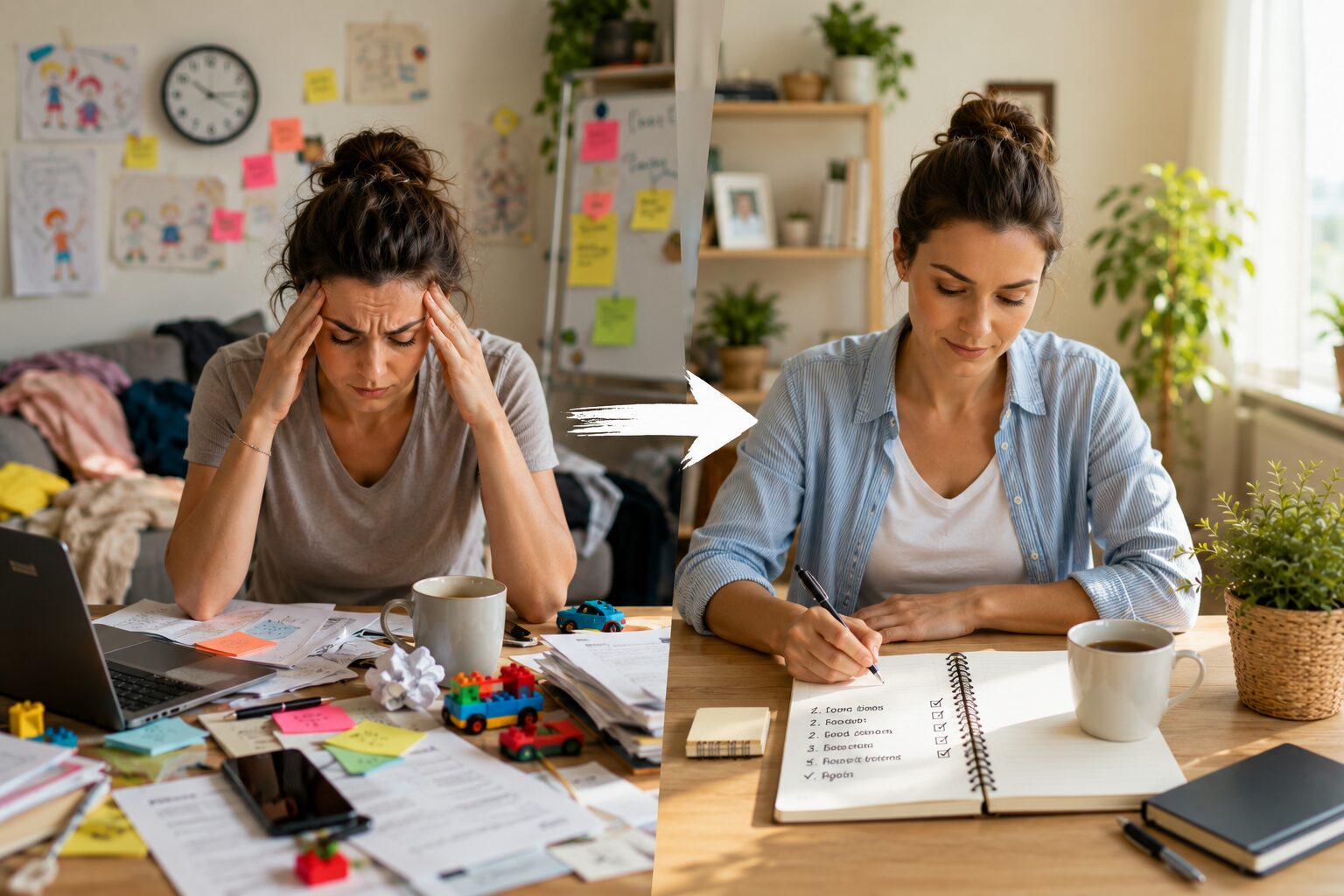 Adulte dans une maison lumineuse qui retrouve de la clarté en écrivant ses priorités sur un carnet après une journée qui dérape.