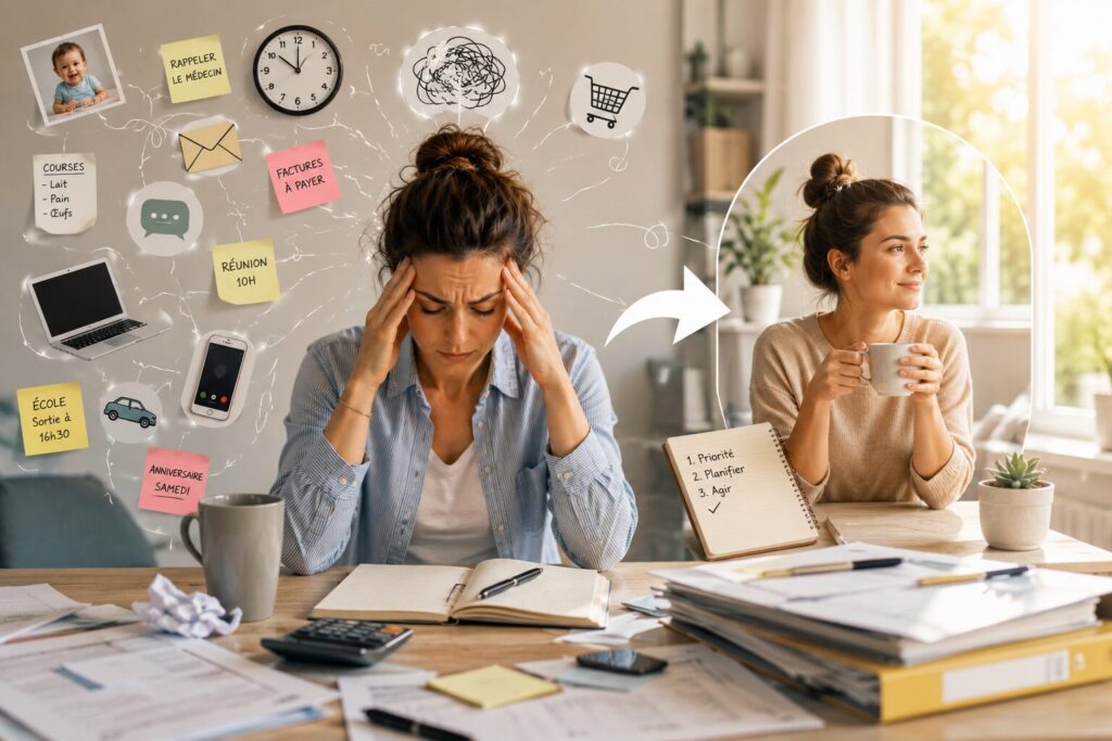 Pourquoi tout devient plus compliqué quand vous manquez de marge mentale Adulte fatigué dans une maison lumineuse face à des tâches simples devenues lourdes, avec carnet, téléphone, objets du quotidien et lumière douce.