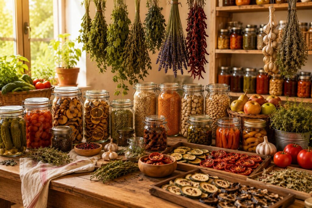 Une magnifique table avec bocaux, légumes séchés, tomates, herbes suspendues, fruits, ambiance lumineuse