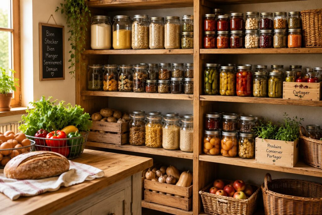 Une cuisine familiale bien organisée avec des bocaux, des conserves, des céréales, des étagères propres, une ambiance chaleureuse.