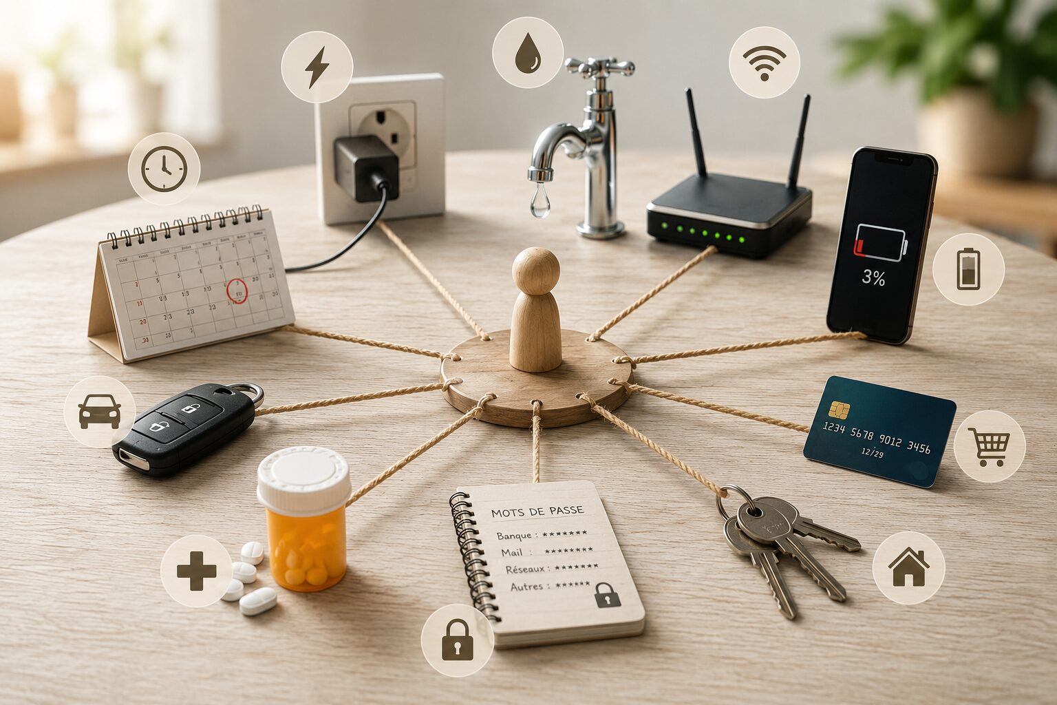 Personne confrontée à plusieurs dépendances du quotidien avec téléphone déchargé, clés et carte bancaire sur une table