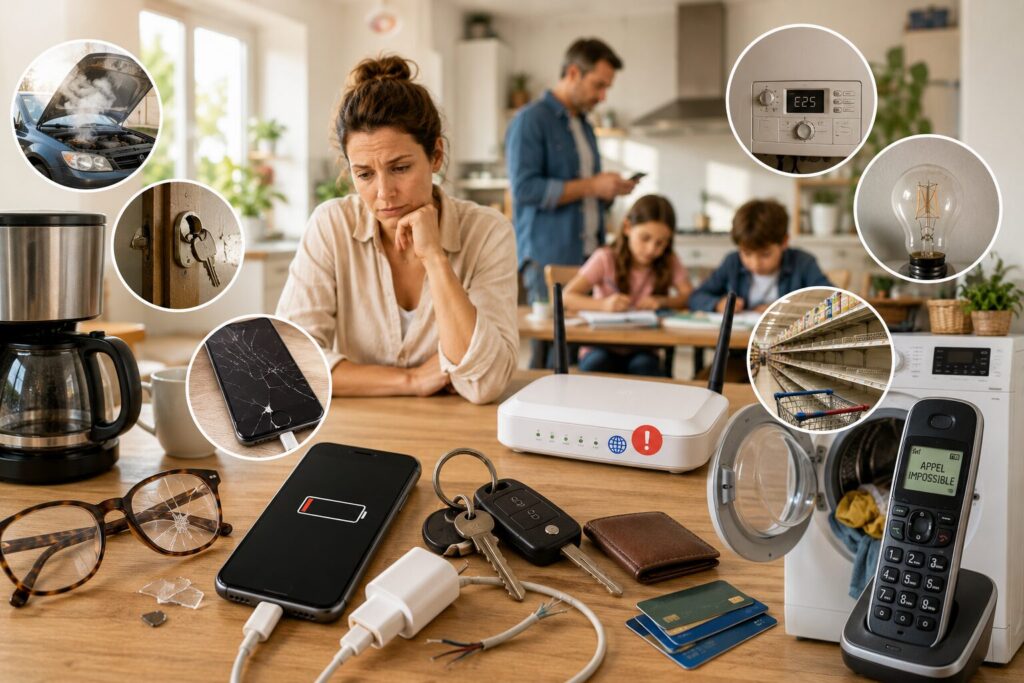 Les objets que vous utilisez tous les jours… jusqu’au jour où ils ne fonctionnent plus Objets critiques du quotidien en panne avec téléphone, clés, lunettes et appareils essentiels dans une maison