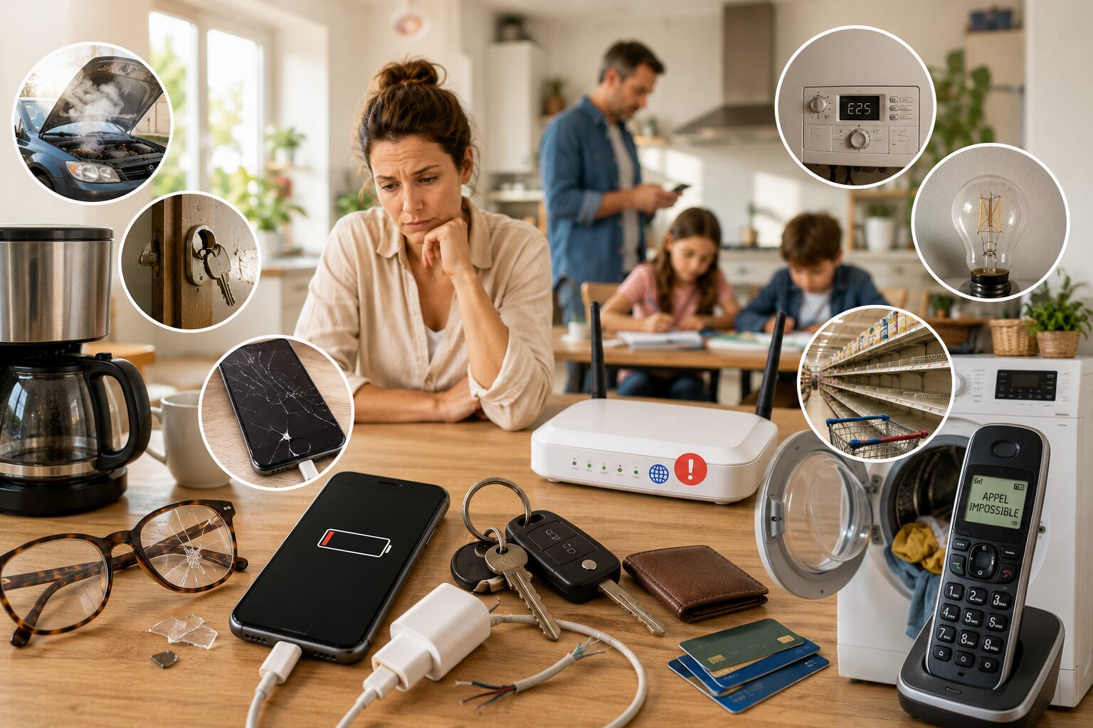 Objets critiques du quotidien en panne avec téléphone, clés, lunettes et appareils essentiels dans une maison