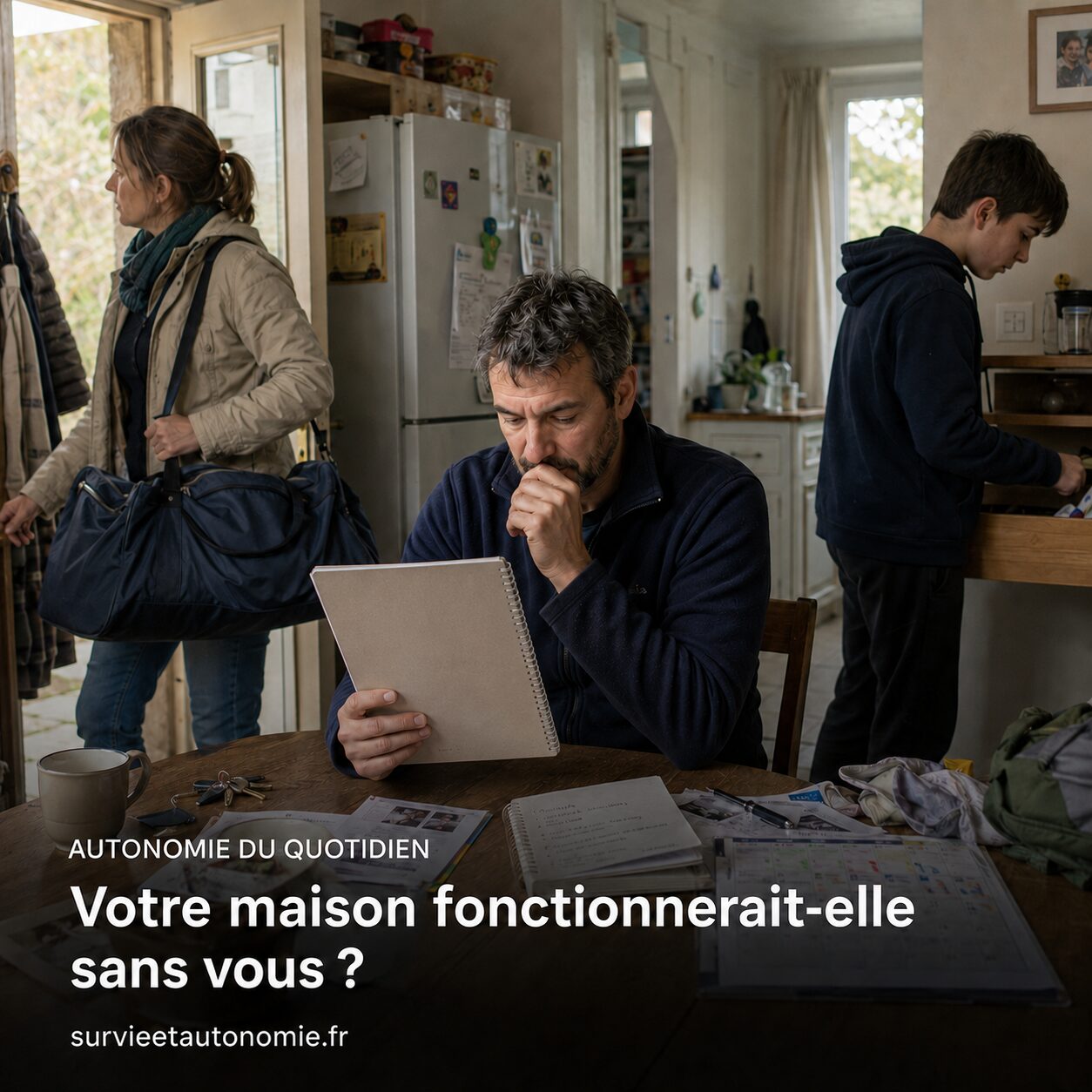 Famille organisant le fonctionnement de la maison pendant l’absence prolongée d’un membre du foyer
