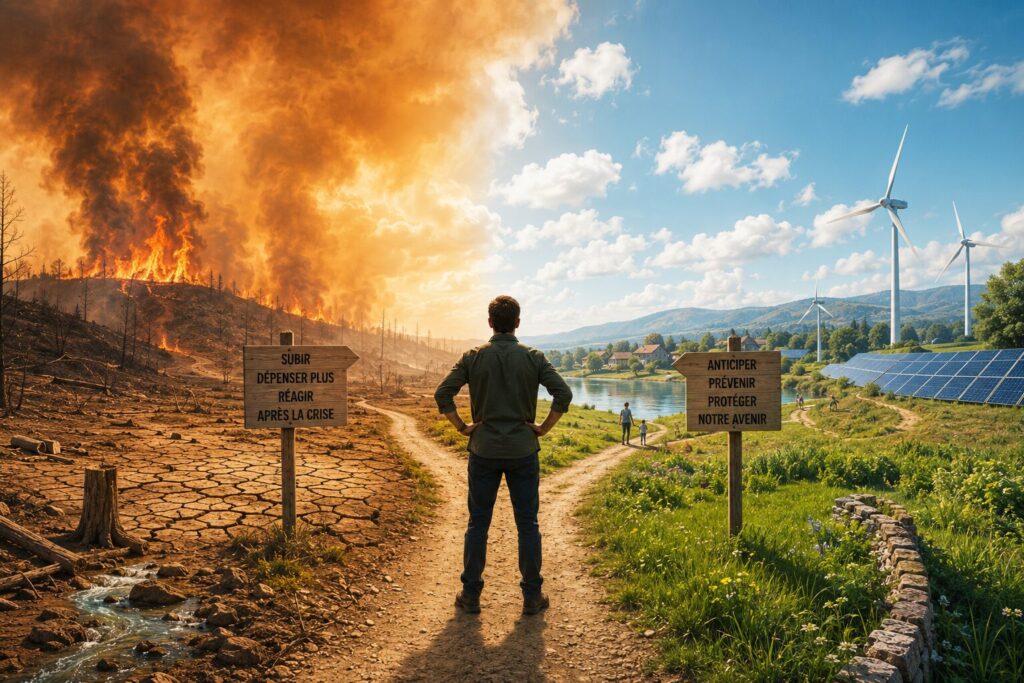 Nous ne manquons pas de solutions. Nous manquons de priorités. Paysage français touché par la sécheresse et un incendie de forêt illustrant le manque de prévention climatique