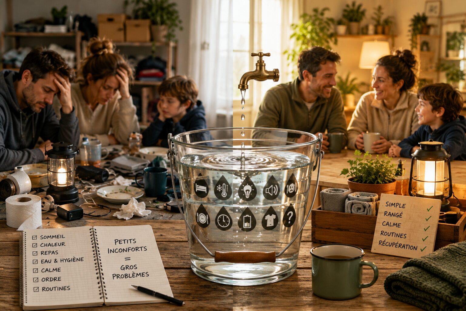 Maison en autonomie lumineuse avec lampe douce, plaid, tasse chaude, affaires rangées et ambiance calme malgré plusieurs jours d’inconfort.