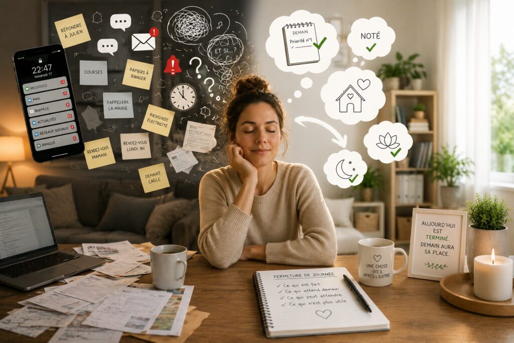 Pourquoi votre cerveau ne décroche plus vraiment du quotidien cerveau qui ne décroche plus du quotidien avec carnet de fermeture, téléphone posé et tâches ouvertes clarifiées.