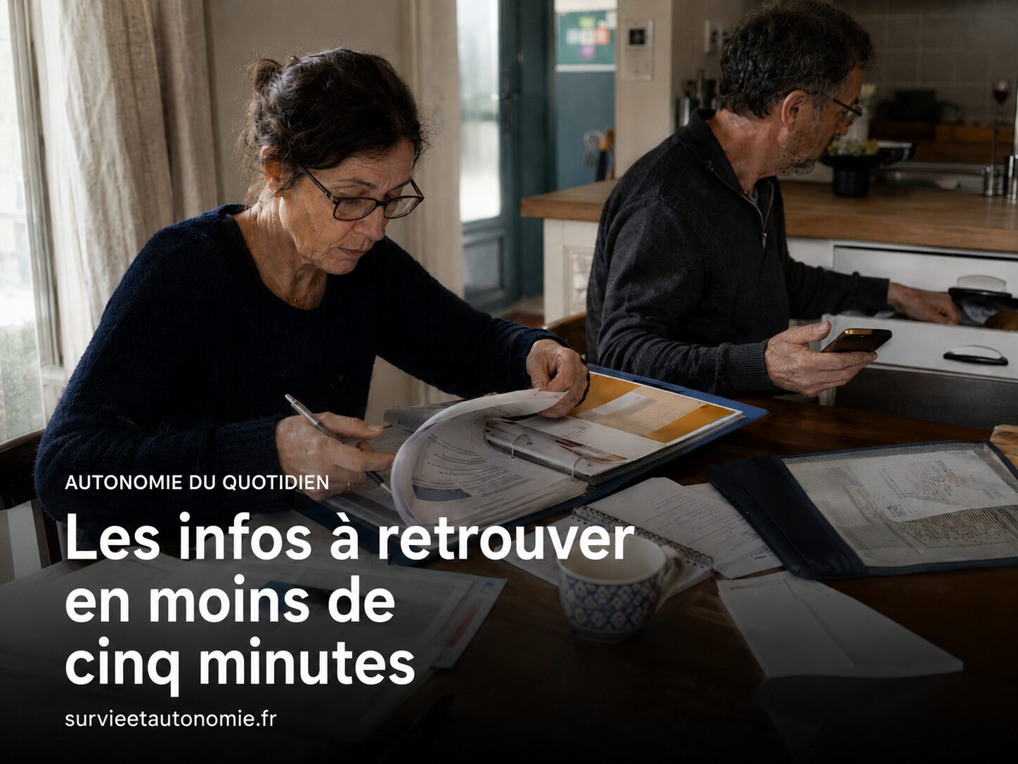Famille retrouvant rapidement contrats, numéros et documents importants grâce à un dossier familial organisé