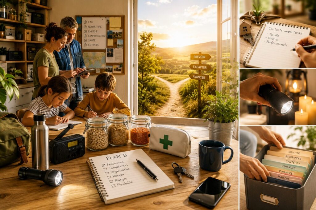 Le vrai Plan B : retrouver de la stabilité dans un monde devenu imprévisible Foyer lumineux et organisé avec ressources simples, carnet, lampe, réserves et adultes calmes symbolisant un Plan B fondé sur la stabilité.