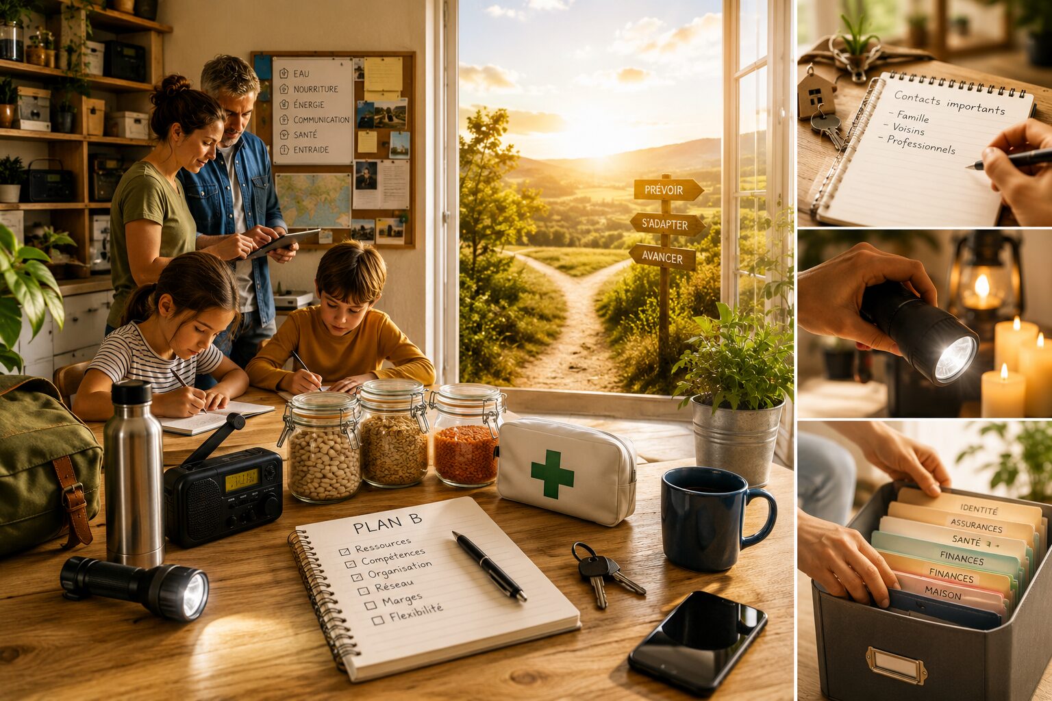 Foyer lumineux et organisé avec ressources simples, carnet, lampe, réserves et adultes calmes symbolisant un Plan B fondé sur la stabilité.